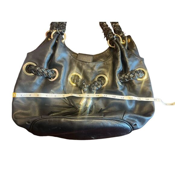 Michael Kors black leather hobo braided handle shoulder bag bucket tassel - Picture 5 of 8